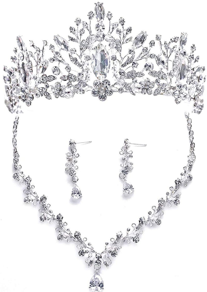 EverLove Bride Headdress Jewelry Wedding Necklace Earrings Set Crystal Crown Tiara A - Image 1